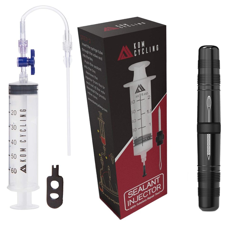 KOM Cycling Tubeless Sealant Injector Syringe and Presta Valve Core Removal Tool by Designed for Stans No Tubes sealant and Other sealants (Injector + Tubeless Repair Tool)
