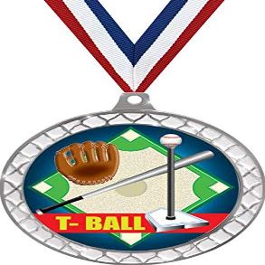T-Ball White Trellis Medal Silver, 2.5" Youth Baseball Tball Prizes, Kids T-Ball Trophy Medal Awards 10 Pack Prime