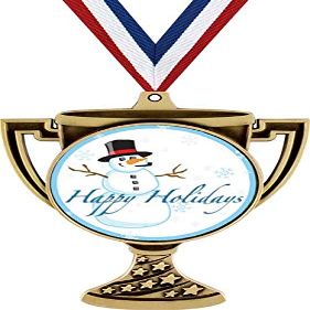 Happy Holidays Trophy Cup Medal Gold, 3" Holiday Prizes, Kids Holiday Trophy Medal Awards 100 Pack