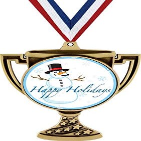 Happy Holidays Trophy Cup Medal Gold, 3" Holiday Prizes, Kids Holiday Trophy Medal Awards 100 Pack