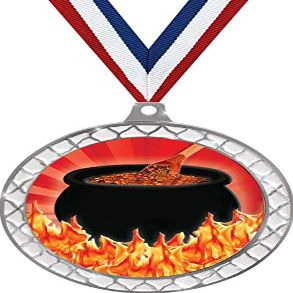Chili Cook Off White Trellis Medal Silver, 2.5" Flaming Hot Chili Pot Prizes, Kids Cooking Trophy Medal Awards 50 Pack Prime