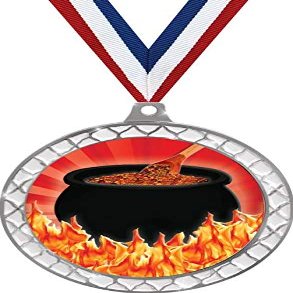 Chili Cook Off White Trellis Medal Silver, 2.5" Flaming Hot Chili Pot Prizes, Kids Cooking Trophy Medal Awards 50 Pack Prime