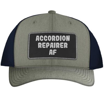 Accordion Repairer AF - Leather Black Patch Engraved Trucker Hat, Heather-Navy, One Size