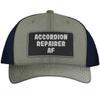 Accordion Repairer AF - Leather Black Patch Engraved Trucker Hat, Heather-Navy, One Size view 1