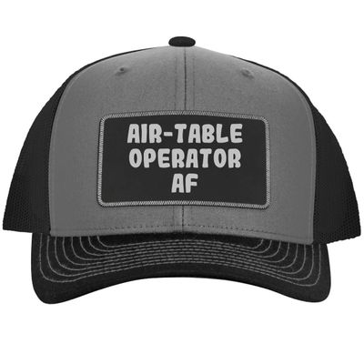 Air-Table Operator AF - Leather Black Patch Engraved Trucker Hat, Grey-Steel, One Size