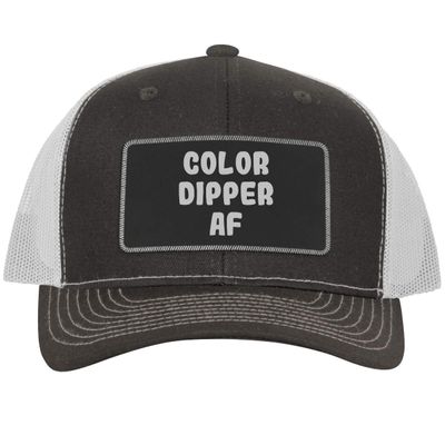 Color Dipper AF - Leather Black Patch Engraved Trucker Hat, Grey-White, One Size