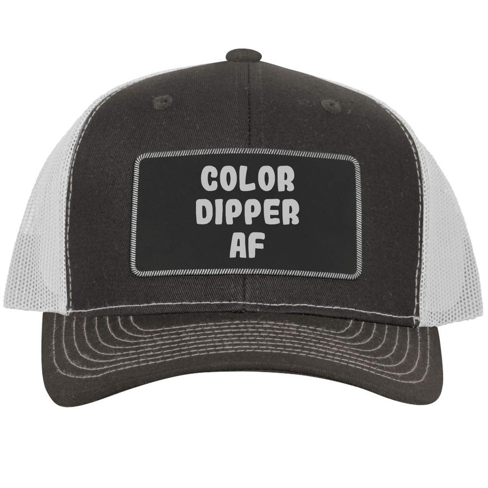 Color Dipper AF - Leather Black Patch Engraved Trucker Hat, Grey-White, One Size