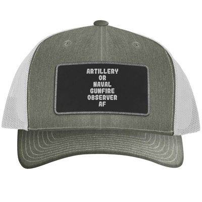 Artillery Or Naval Gunfire Observer AF - Leather Black Patch Engraved Trucker Hat, Heather-White, One Size