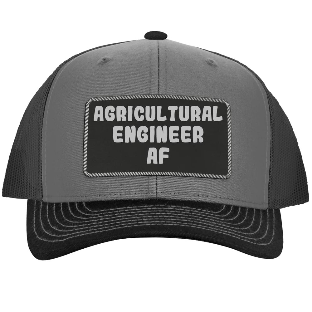 Agricultural Engineer AF - Leather Black Patch Engraved Trucker Hat, Grey-Steel, One Size