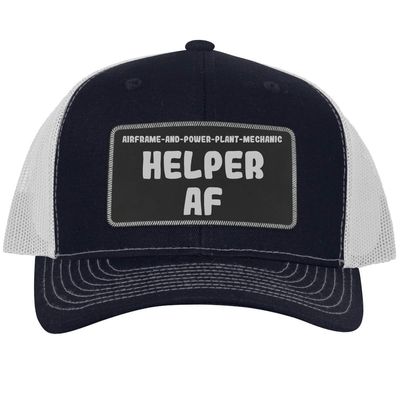 Airframe-and-Power-Plant-Mechanic Helper AF - Leather Black Patch Engraved Trucker Hat, Navy-White, One Size