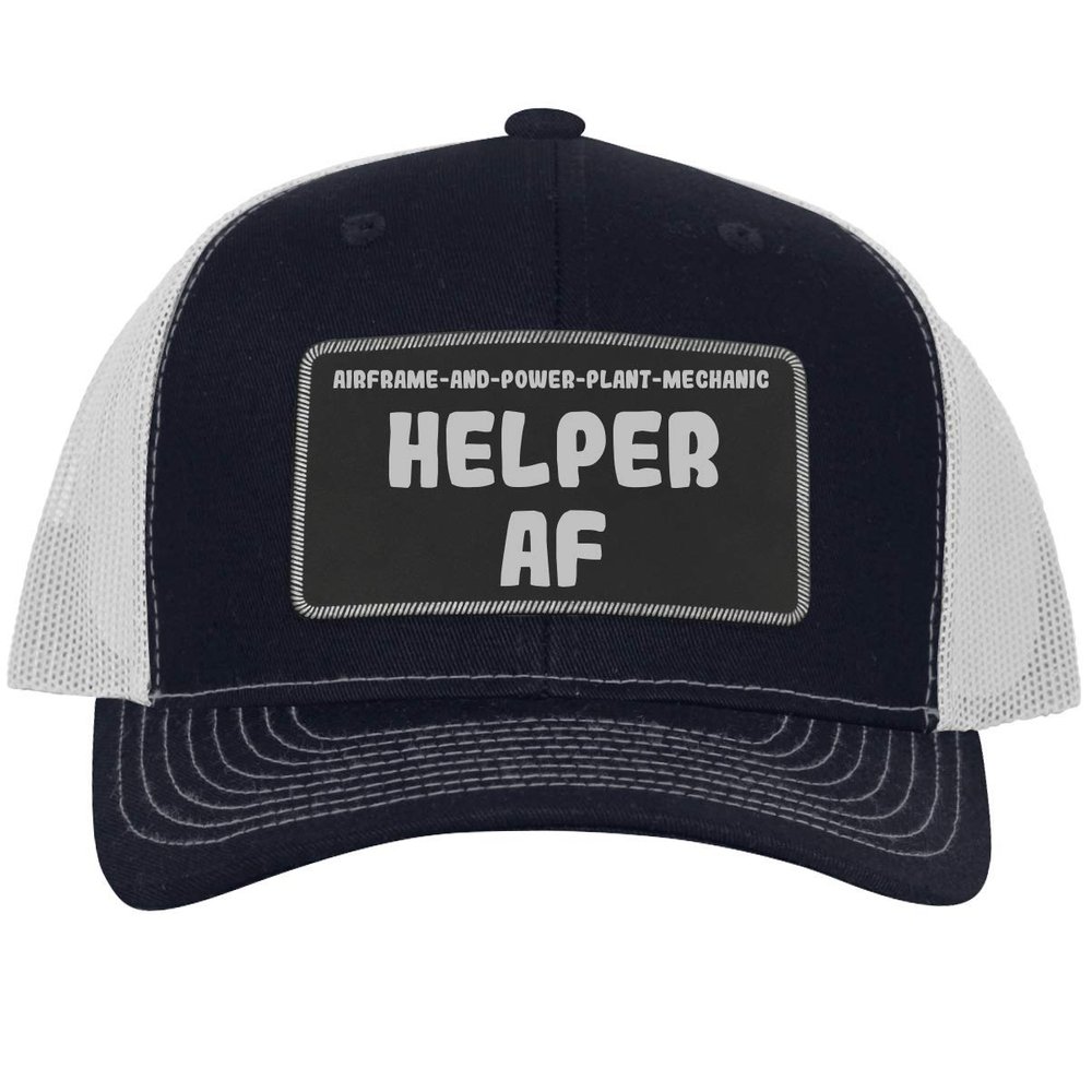 Airframe-and-Power-Plant-Mechanic Helper AF - Leather Black Patch Engraved Trucker Hat, Navy-White, One Size