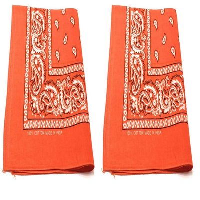 2 Pack M.H.I. 100% Cotton 22 x 22 In Bandana - Paisley and Solid Colors Available (Orange Paisley)