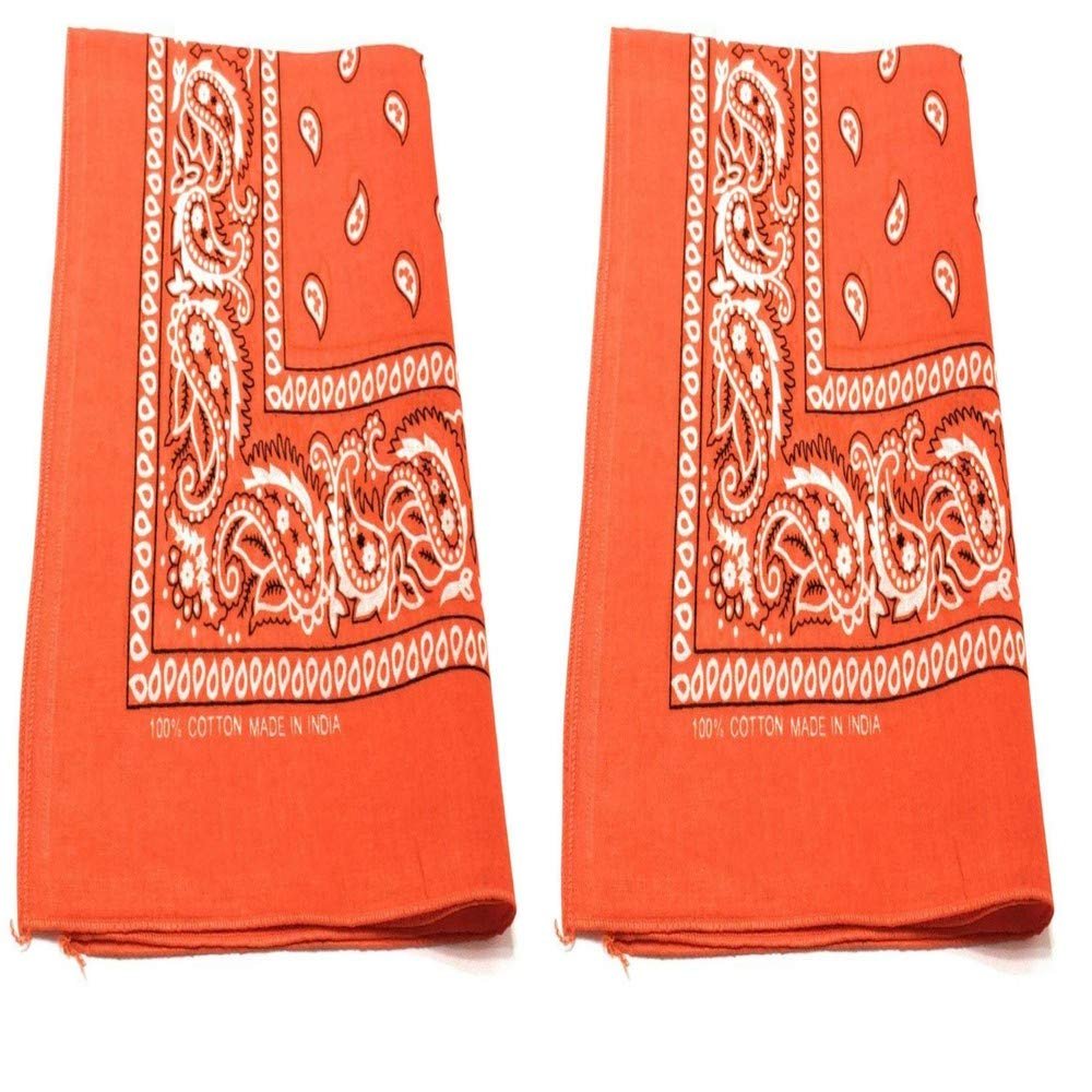 2 Pack M.H.I. 100% Cotton 22 x 22 In Bandana - Paisley and Solid Colors Available (Orange Paisley)