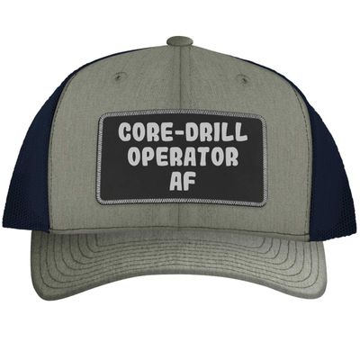 Core-Drill Operator AF - Leather Black Patch Engraved Trucker Hat, Heather-Navy, One Size