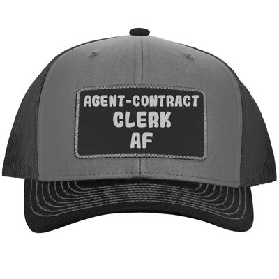 Agent-Contract Clerk AF - Leather Black Patch Engraved Trucker Hat, Grey-Steel, One Size