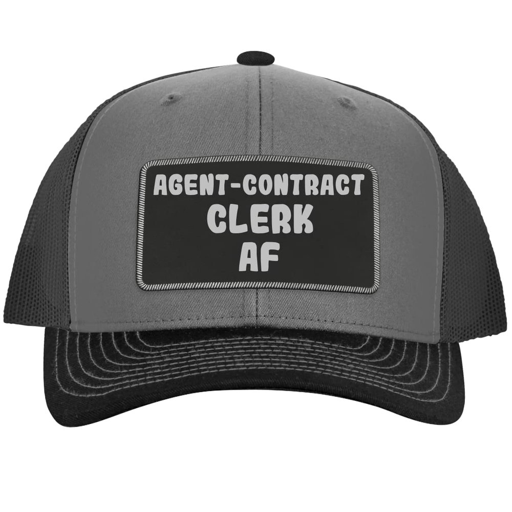Agent-Contract Clerk AF - Leather Black Patch Engraved Trucker Hat, Grey-Steel, One Size