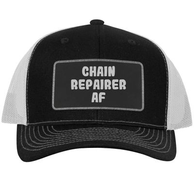 Chain Repairer AF - Leather Black Patch Engraved Trucker Hat, Black-White, One Size