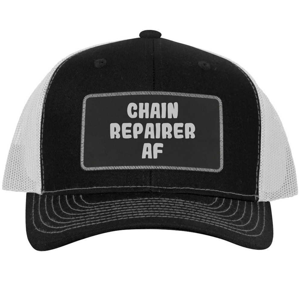 Chain Repairer AF - Leather Black Patch Engraved Trucker Hat, Black-White, One Size