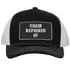 Chain Repairer AF - Leather Black Patch Engraved Trucker Hat, Black-White, One Size view 1