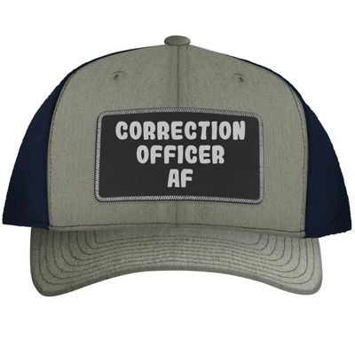 Correction Officer AF - Leather Black Patch Engraved Trucker Hat, Heather-Navy, One Size