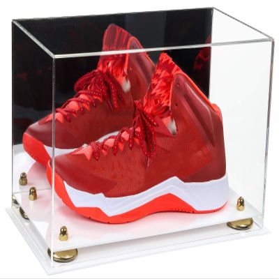 Better Display Cases Acrylic Large Shoe Display Case for Basketball Shoe Soccer Cleat Football Cleat with Mirror, Gold Risers and White Base (A013-GR)