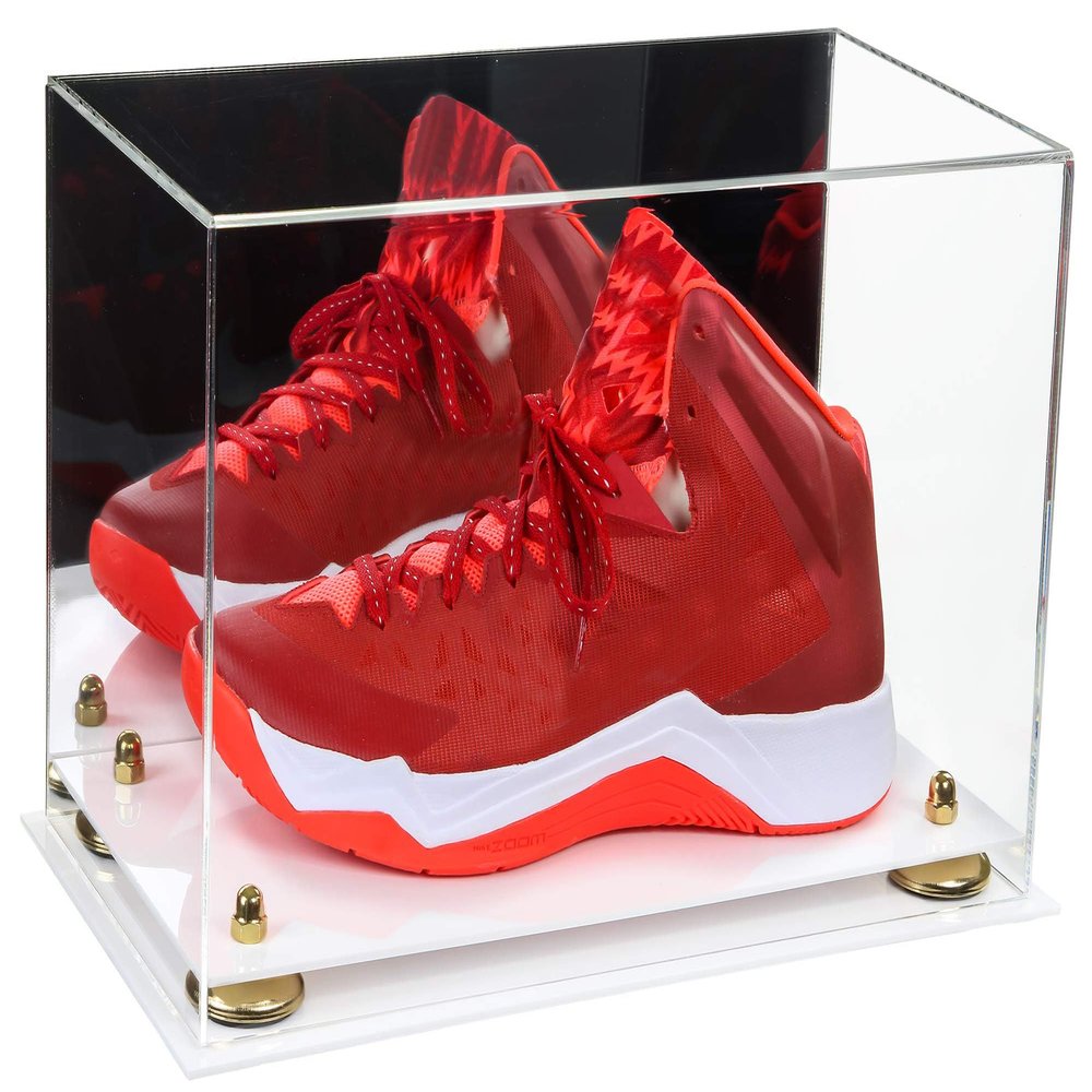 Better Display Cases Acrylic Large Shoe Display Case for Basketball Shoe Soccer Cleat Football Cleat with Mirror, Gold Risers and White Base (A013-GR)
