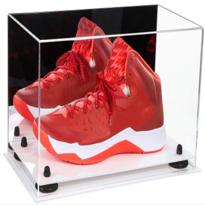 Better Display Cases Acrylic Large Shoe Display Case for Basketball Shoe Soccer Cleat Football Cleat with Mirror, Black Risers and White Base (A013-BR)