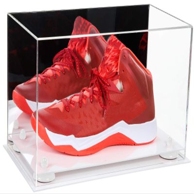 Better Display Cases Acrylic Large Shoe Display Case for Basketball Shoe Soccer Cleat Football Cleat with Mirror, White Risers and White Base (A013-WR)