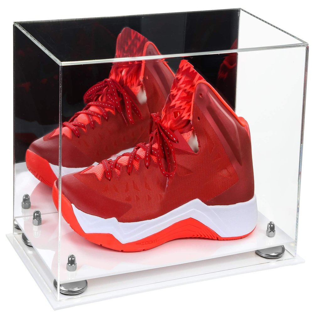 Better Display Cases Acrylic Large Shoe Display Case for Basketball Shoe Soccer Cleat Football Cleat with Mirror, Silver Risers and White Base (A013-SR)