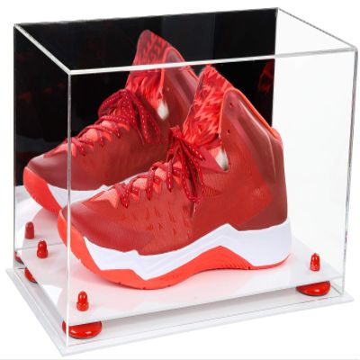 Better Display Cases Acrylic Large Shoe Display Case for Basketball Shoe Soccer Cleat Football Cleat with Mirror, Red Risers and White Base (A013-RR)