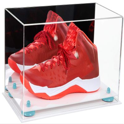 Better Display Cases Acrylic Large Shoe Display Case for Basketball Shoe Soccer Cleat Football Cleat with Mirror, Light Blue Risers and White Base (A013-BLR)