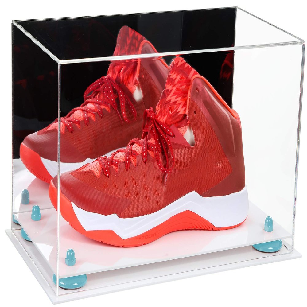 Better Display Cases Acrylic Large Shoe Display Case for Basketball Shoe Soccer Cleat Football Cleat with Mirror, Light Blue Risers and White Base (A013-BLR)