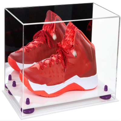 Better Display Cases Acrylic Large Shoe Display Case for Basketball Shoe Soccer Cleat Football Cleat with Mirror, Purple Risers and White Base (A013-PR)