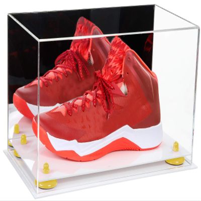 Better Display Cases Acrylic Large Shoe Display Case for Basketball Shoe Soccer Cleat Football Cleat with Mirror, Yellow Risers and White Base (A013-YR)