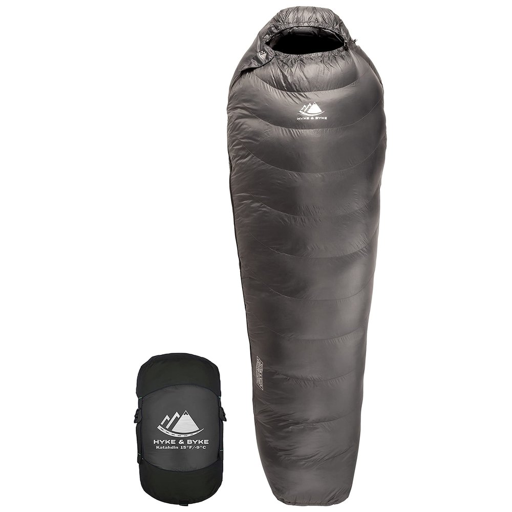 Hyke & Byke Katahdin 15 F Hiking & Backpacking Sleeping Bag - 4 Season, 625FP Ultralight Sleeping Bag - Water Resistant - Charcoal Gray - Long