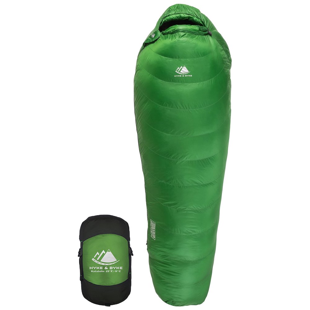 Hyke & Byke Katahdin 15 F Hiking & Backpacking Sleeping Bag - 4 Season, 625FP Ultralight Sleeping Bag - Water Resistant - Forest Green - Regular