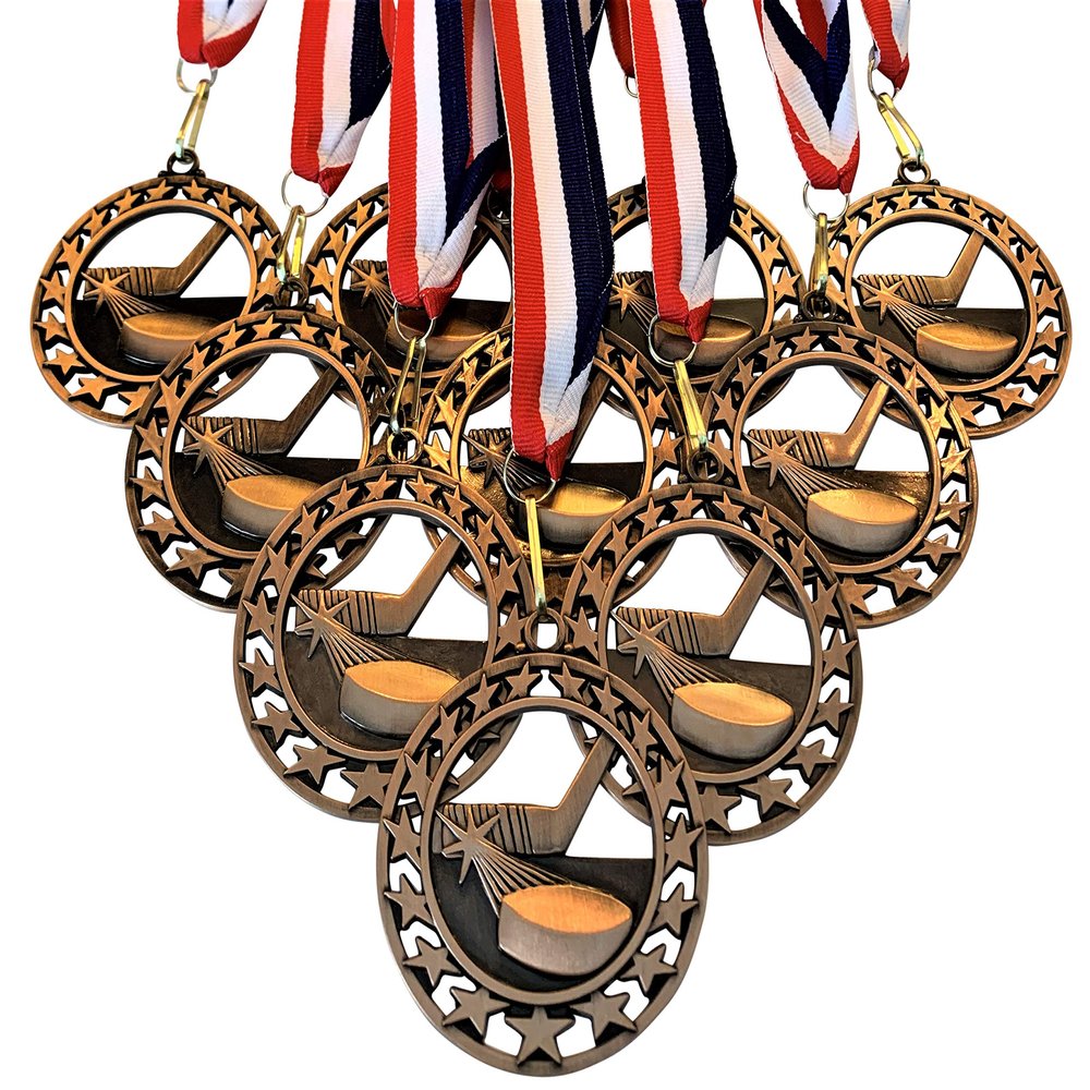 10 Pack of Bronze Ice Hockey Star Medals Trophy Award with Neck Ribbons