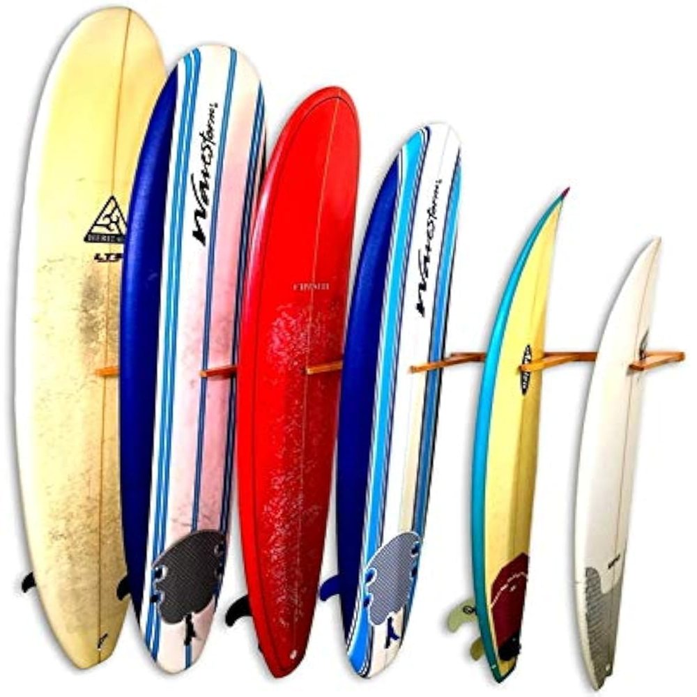 StoreYourBoard Vertical Timber Surfboard Wall Rack, Holds 6 Surfboards, Home and Garage Storage Mount System (Natural)