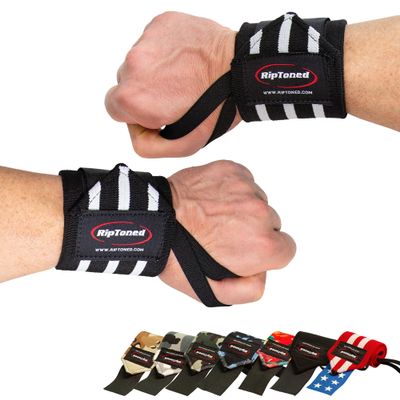 Rip Toned Wrist Wraps for Weightlifting USPA & USAPL Approved 18" Wrist Straps for Powerlifting Adjustable, Durable Gym Wraps with Thumb Loop Maximum Support for Men & Women Black-White Stiff