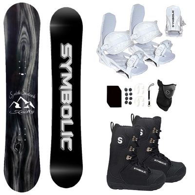 Symbolic Knotty Snowboard & Bindings & Boots & Leash & Stomp Pad & Face Gaiter Complete Package (11 Mens Black Boots & White Bindings, 160cm Wide Hybrid Rocker)