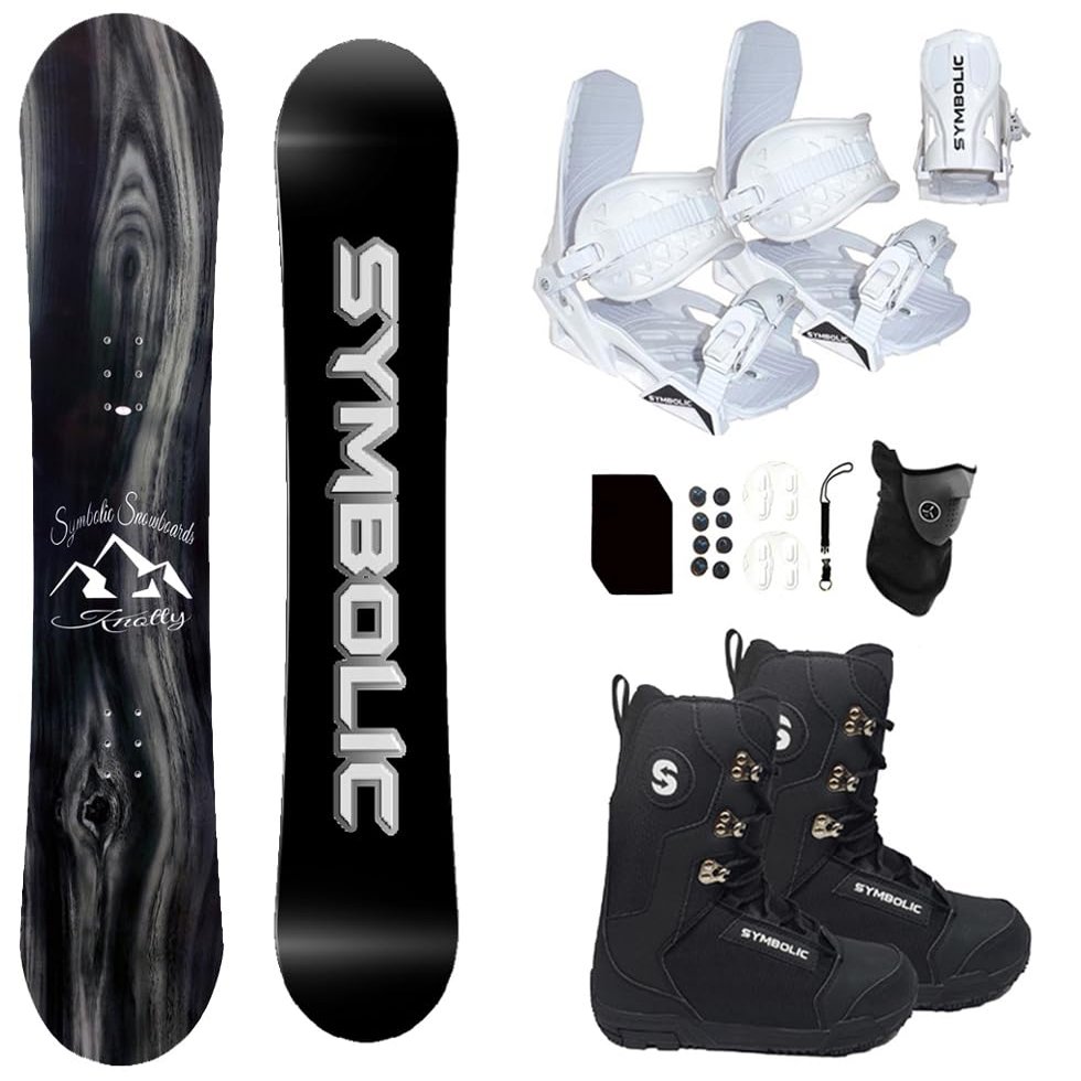 Symbolic Knotty Snowboard & Bindings & Boots & Leash & Stomp Pad & Face Gaiter Complete Package (11 Mens Black Boots & White Bindings, 160cm Wide Hybrid Rocker)