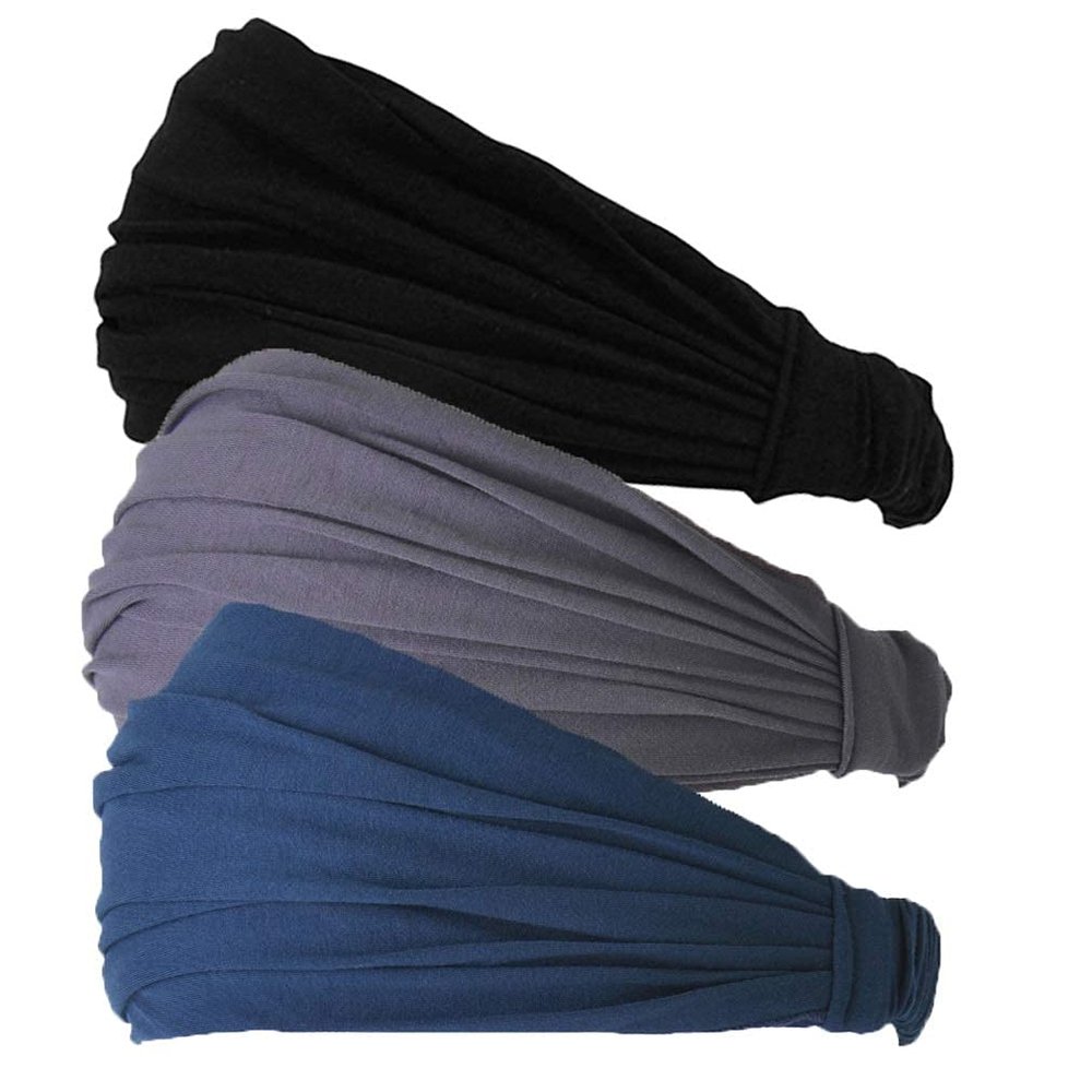 CHARM Black, Dark Gray, Navy 3-Pack Headband for Men, Japanese Style Bandana Head Bands for Women and Men, Stretch Hair Band for Sports & Daily Wear by Casualbox M