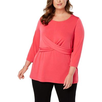 Alfani Womens Plus Stretch Crossover Wrap Top Pink 0X