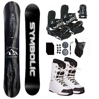 Symbolic Knotty Airtracks Men Snowboard & Bindings & Boots & Leash & Stomp & Gaiter Complete System Package (8.5 Men(Eu41) at White+BLK Bindg, 145cm Hybrid Rocker Board)
