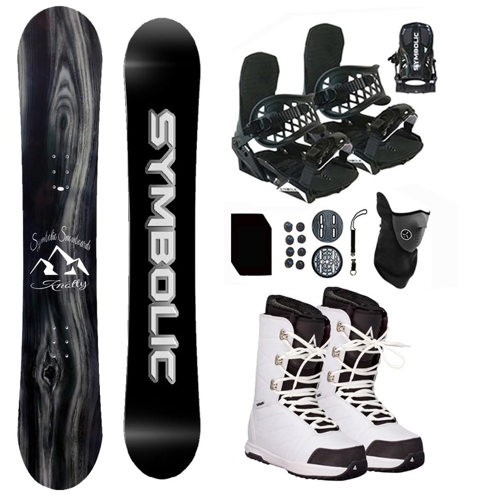 Symbolic Knotty Airtracks Men Snowboard & Bindings & Boots & Leash & Stomp & Gaiter Complete System Package (8.5 Men(Eu41) at White+BLK Bindg, 145cm Hybrid Rocker Board)