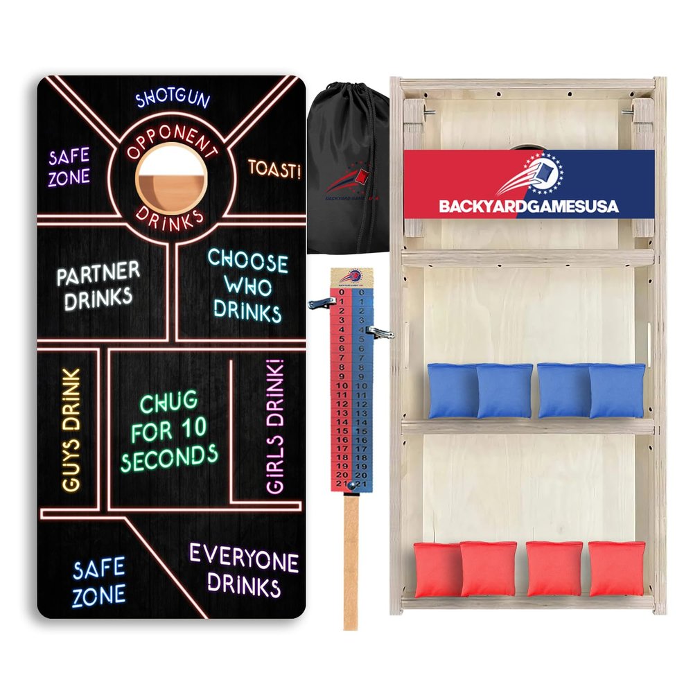 CornholeGamesUSA Pro Cornhole Boards Set | Made in USA | 3/4 Baltic Birch | No Bounce | Triple Thick Legs | Two Brace & Handles, Tournament 2x4 Regulation Set with Score Tower & Cornhole Bags