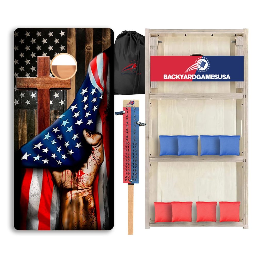 CornholeGamesUSA Pro Cornhole Boards Set | Made in USA | 3/4 Baltic Birch | No Bounce | Triple Thick Legs | Two Brace & Handles, Tournament 2x4 Regulation Set with Score Tower & Cornhole Bags