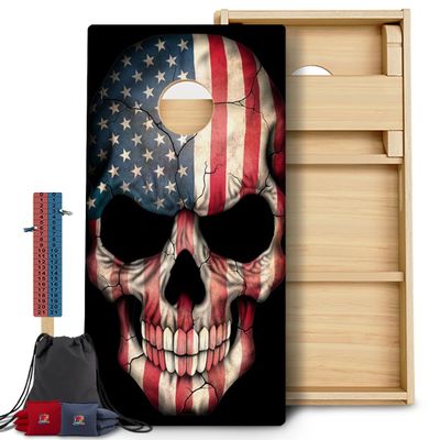 CornholeGamesUSA Professional Cornhole Set with Bags -Regulation Size Corn Hole Boards for Adults - Includes Score Tower and Carry Bag (Professional Cornhole Boards, American Skull)