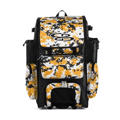 Boombah Rolling Superpack Baseball/Softball Gear Bag - 23-1/2" x 13-1/2" x 9-1/2" - Digital Camo Black/Gold - Telescopic Handle - Holds 4 Bats - Wheeled Version