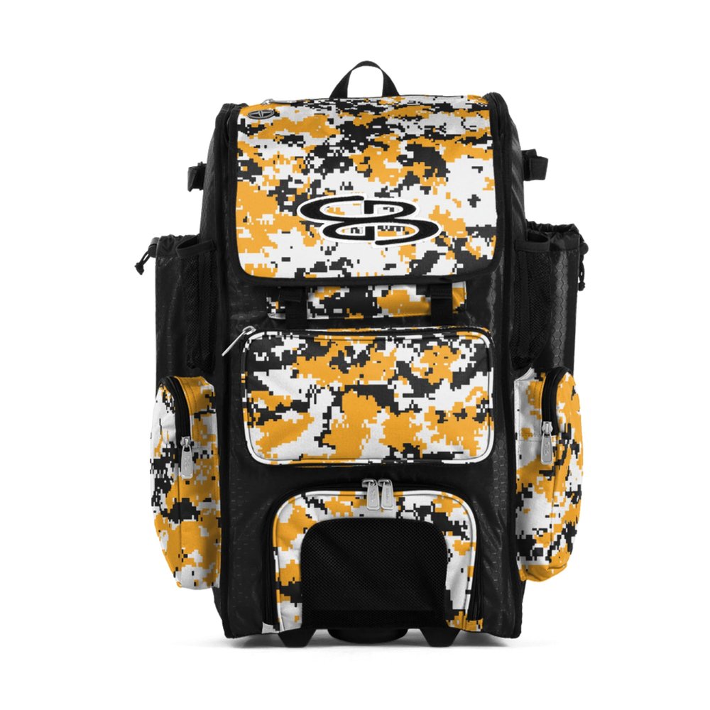 Boombah Rolling Superpack Baseball/Softball Gear Bag - 23-1/2" x 13-1/2" x 9-1/2" - Digital Camo Black/Gold - Telescopic Handle - Holds 4 Bats - Wheeled Version